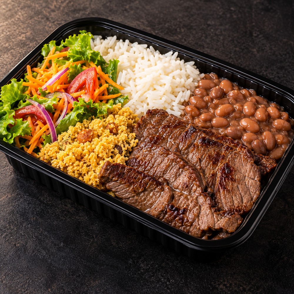 Marmita brasileira com arroz, feijão e carne