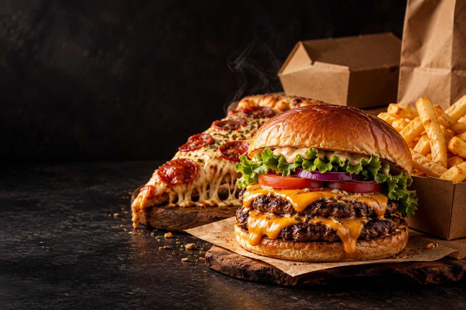 Hambúrguer, pizza e batatas em uma composição de comida para delivery