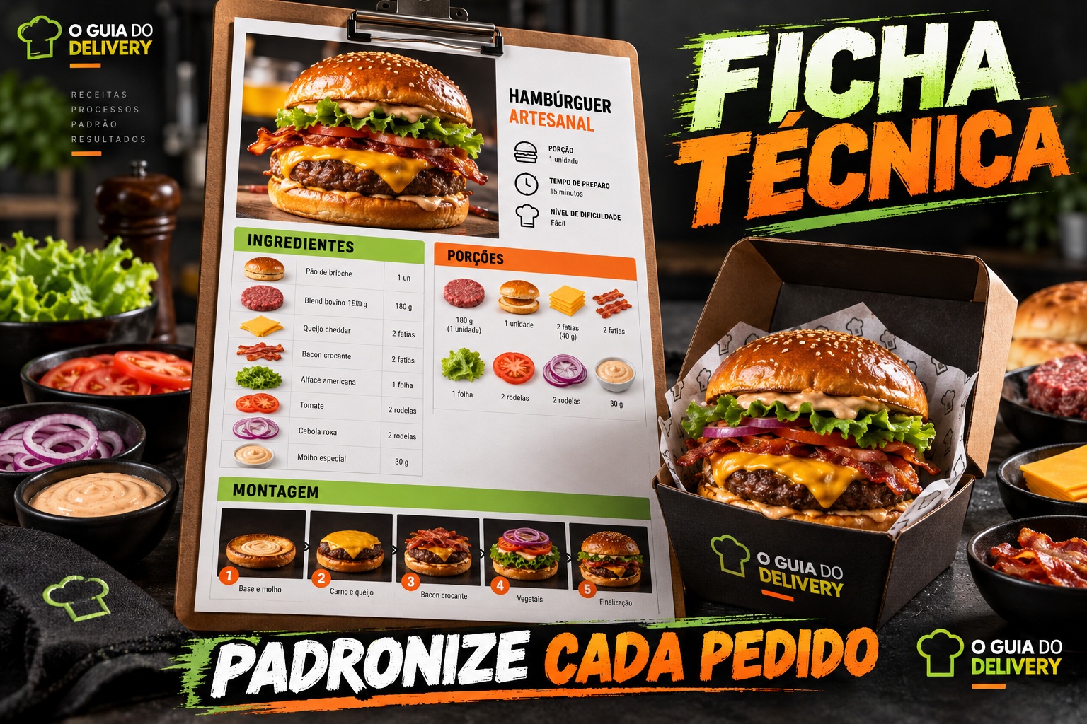 Prévia ilustrativa da ficha técnica com ingredientes, porções e etapas