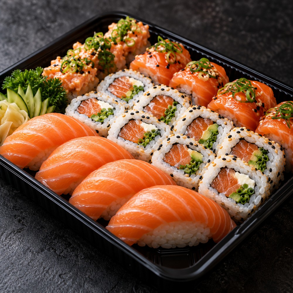 Comida japonesa: sushi em embalagem de delivery